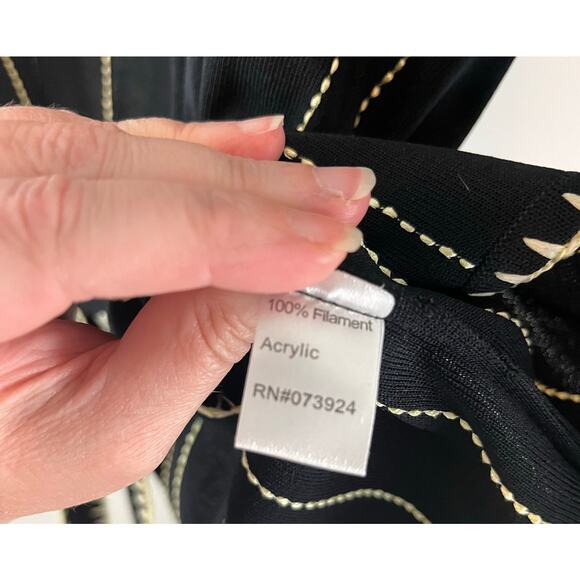 Ming Wang Belted Acrylic Knit Cardigan Jacket Large Black Cream Embroidered L - Picture 5 of 6